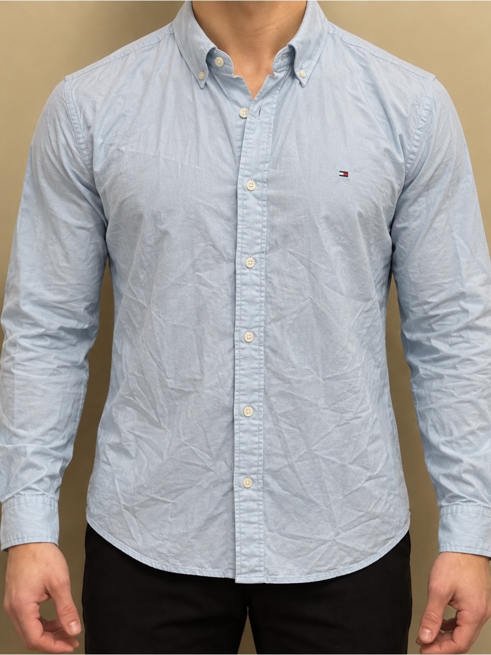 Tommy Hilfiger Pale Blue Button-Down Casual Linen-Blend Shirt - Men's M